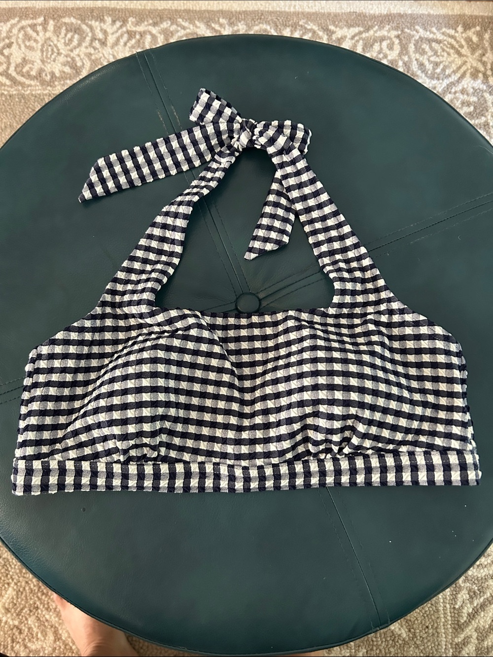 Lands End Dark Navy Checked Halter Bathing Suit Top M 10-12